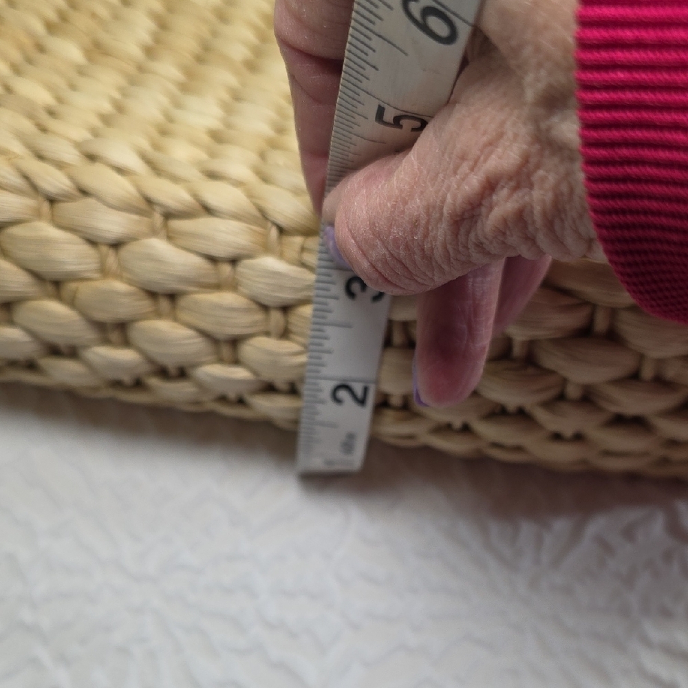 Vintage Woven Straw Tote Bag | Wood Handles | Lime Green Bow Coastal Grandma - Picture 11 of 11